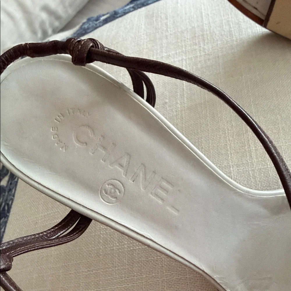 CHANEL Beige and Brown strappy sling back heel  size 38 size 7 US GOOD CONDITION - Picture 16 of 17